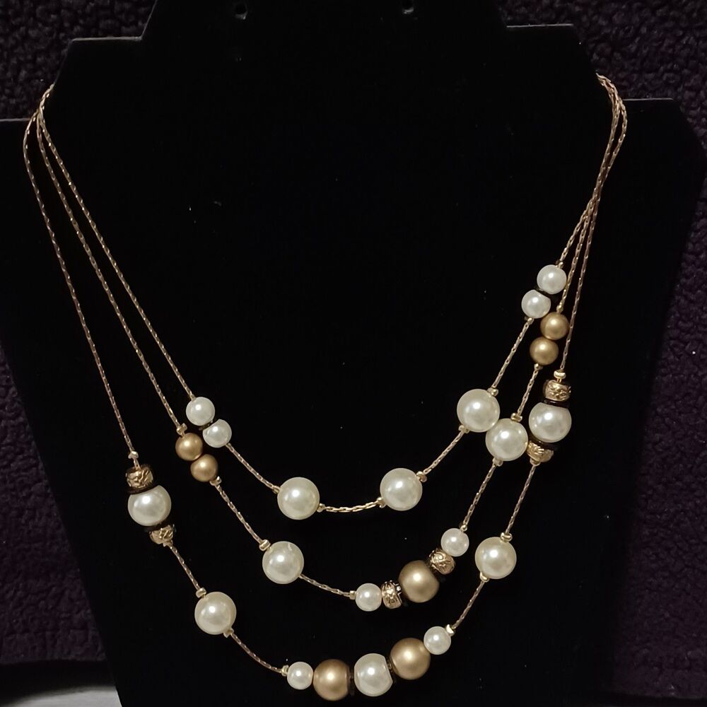 Vintage NY Gold-Toned Faux Pearl and Gold Beaded 3-Layer Necklace, 20"